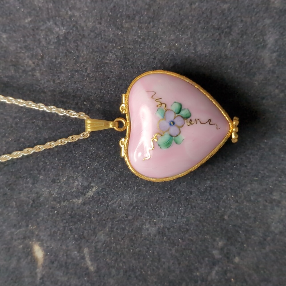 Rare Limoges Heart-Shaped Pink Locket Necklace with Floral Detail